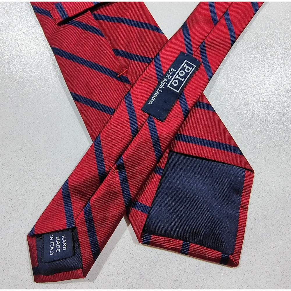 Polo by Ralph Lauren Repp Tie 100% Silk Handmade in Italy Red Blue
